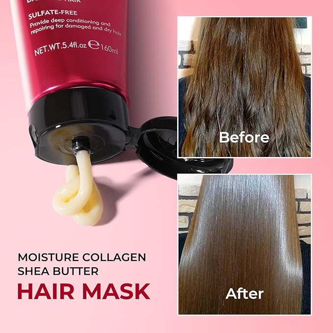 Collagen Hair Mask Deep Repair Conditioning Moisture Collagen Shea Butter Hair Treatment for Dry and Damaged Hair All Hair Types 5.4fl.oz 160ml