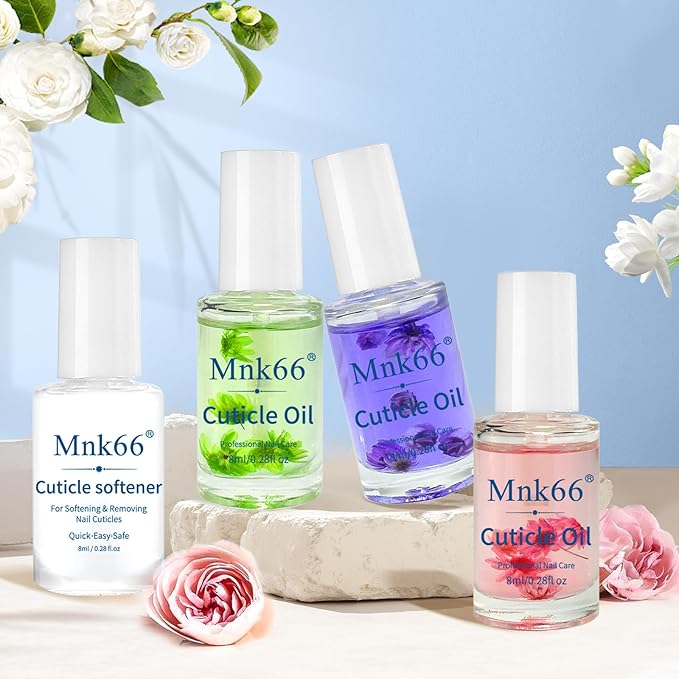 Cuticle Oil Cuticle Remover Set, Moisturizing Repairing Nail Oil, Plant-Based Formula for Damaged Nails Dry Cuticles, Strengthening Hydrating, Rose, Jasmine, Lavender, Nail Care, 4pcs/7ml,YNC-001