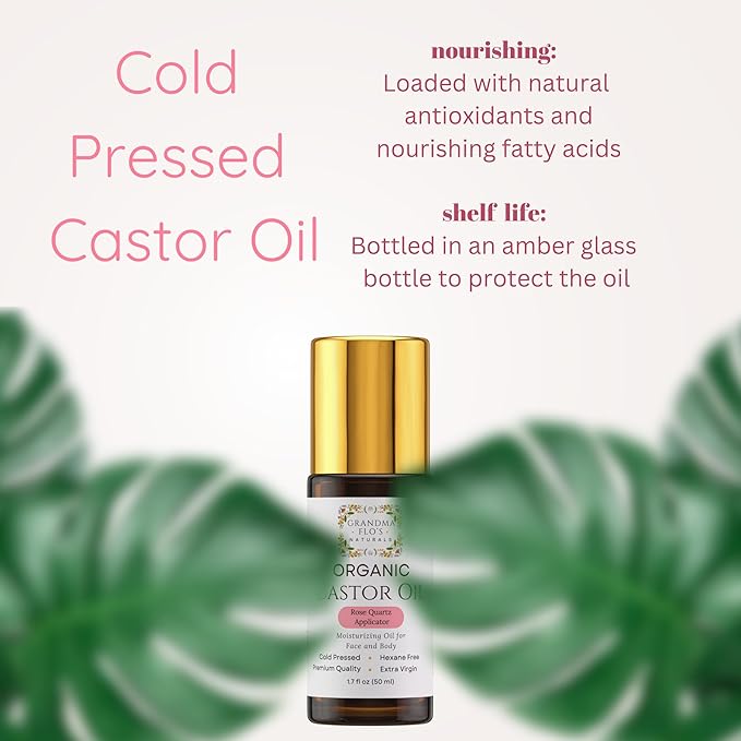 Grandma Flo's Naturals Organic Castor Oil with Rose Quartz Roll On For Face and Body - Glass Bottle, Cold Pressed, Hexane Free, Unrefined - Stimulate Hair Growth, Moisturize Skin