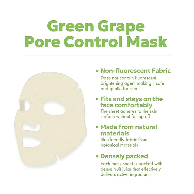 FRUDIA Green Grape Pore Control Face Mask Sheets (10 Pack), Korean Face Masks with 60% Green Grape Extract, Tannin Pore Complex & Anti Sebum P for Hydrating & Pore Minimization