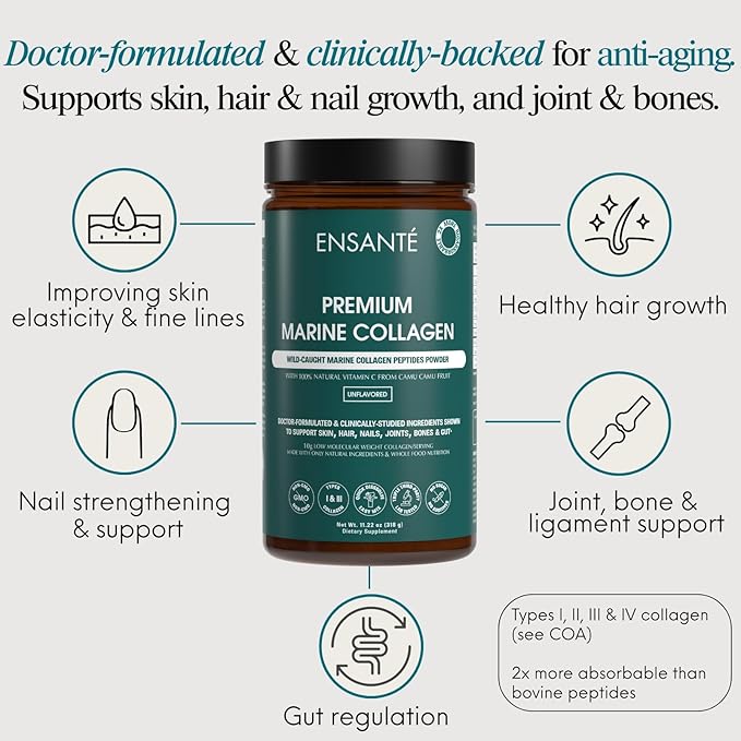 ENSANTE Premium Marine Collagen Peptides Powder Unflavored, Type I II III IV Clinically Backed Wild-Caught Fish Collagen with Organic Camu Camu Vitamin C for Hair Skin Nails Joint, Lab Tested Easy Mix