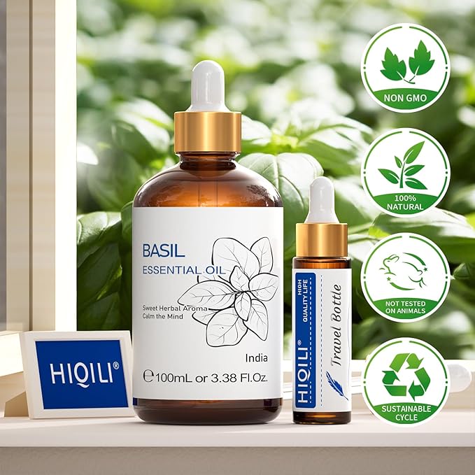 HIQILI Basil Essential Oil, 100% Pure & Natural, Diffuser in Bedroom, Yoga, Mediation for Calming Relaxation Mood, Hair Growth, Body Massage, DIY Sweet Herbal Scented Soap Gifts- 100ML