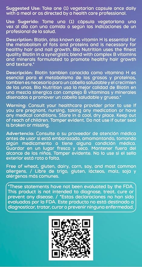 Bio Nutrition Healthy Hair Support with Biotin 60 Vegetarian Capsules | Stronger Hair | Thicker Hair | Promotes Hair Growth and Thickness | Blend with Complex B Vitamins and Minerals