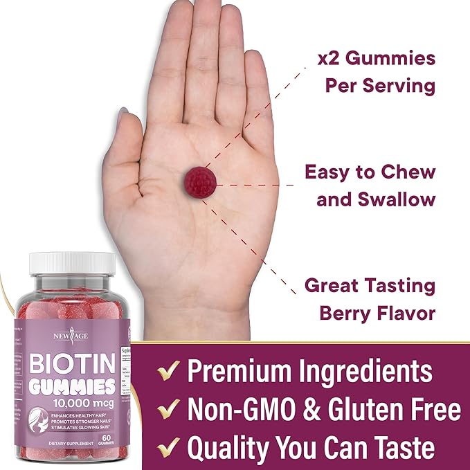 NEW AGE Biotin Gummies – Hair, Skin & Nails Gummies – 10,000 mcg - Non-GMO Supplement for Women, Men - Made in USA -120 Count