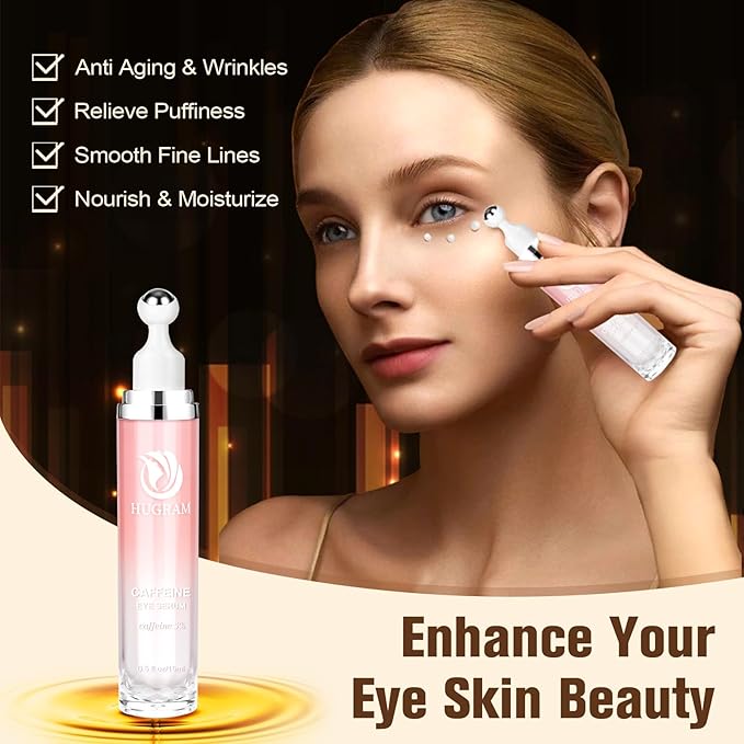 5% Caffeine Eye Serum, Eye Cream with 360°Massage Ball for Dark Circles and Puffiness, Fine Lines and Under Eye Bags, 0.5 fl.oz Under Eye Roller Cream, Efficient in Fine Lines and Under Eye Bags