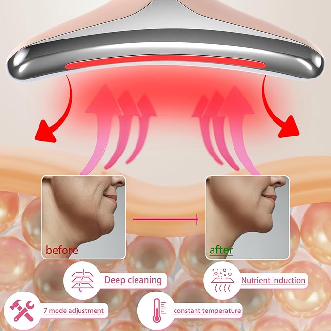 7-in-1 Face and Neck Massage Tool for Skin Care Gift, Multifunctional Electric Red Light Therapy for Face, Wrinkles, Double Chin (Pink)