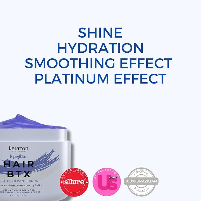 KERAZON Blonde Brazilian Hair BTX Treatment Purple Mask Platinum Effect & Silver Hair Providing Smoothing, Deep Hydration, Anti-Brass, Shine, Softness, Volume & Frizz Control