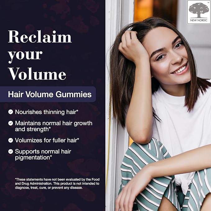 NEW NORDIC Hair Volume Gummies, 2500 mcg Biotin, Daily Hair Vitamins Supplement to Support Hair Skin & Nails, Vegan, 60 Count (Pack of 3)