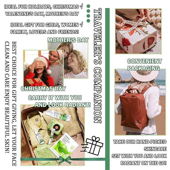 10Pcs Skin Care Kit,Skincare Gift Set with Facial Cleanser,Toner,Serum,Eye Cream, Face Cream,Exfoliating Gel,Sleeping Lip Mask & 3 Pcs Aloe Vera Mask Kit for Women