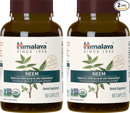 Himalaya Organic Neem Herbal Supplement, for Mild Acne & Clear Skin, Purifying, Ayurvedic, USDA Certified Organic, Non-GMO, Vegan, 600 mg, 60 Plant Based Caplets, 2 Pack