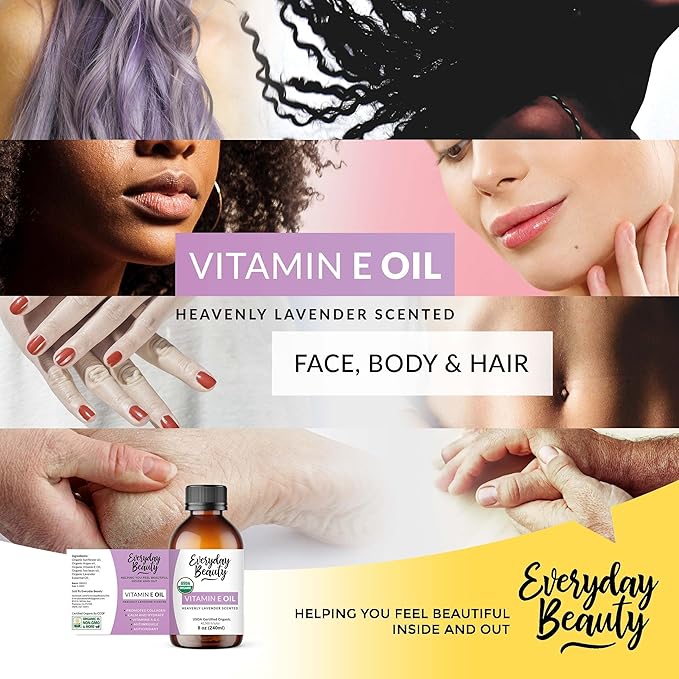 Organic Vitamin E Oil - Heavenly Lavender Scented USDA Certified 100% All Natural Plant Based 8oz - Lightweight and Great for Scars After Surgery - For Face, Skin and Nails - Anti Aging