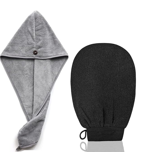 【2 in 1】Exfoliating Glove and Microfiber Hair Towel Set, Deep Exfoliating Body Scrubber for Healthy Skin Korean Exfoliating Mitt, Skin Body Exfoliator,【Super Absorbort】Hair Towel for Women Wet Hair