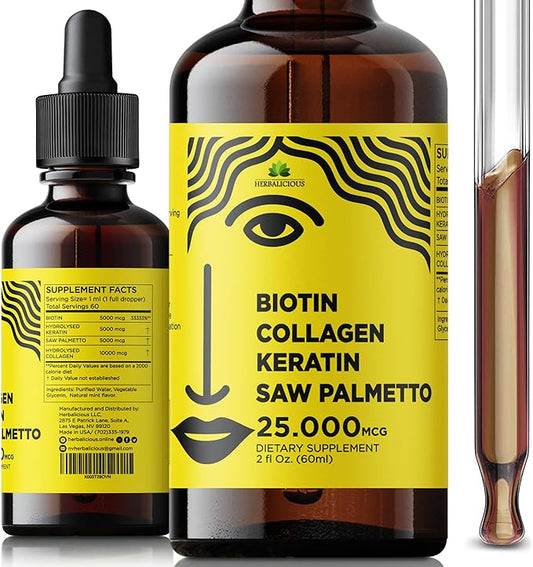 Liquid Collagen Supplements for Women - Comprehensive Formula Hair Skin Nails Supplement with 10000mcg Collagen 5000 mcg Biotin 5000 mcg Keratin 5000 mcg Saw Palmetto, Made in USA, 2fl oz