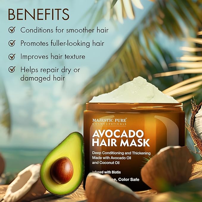 Majestic Pure Avocado and Coconut Hair Mask for Dry Damaged Hair - Infused with Biotin - Deep Conditioning, Hair Thickening, for Healthy Hydrated Hair, Sulfate Free, 16 fl oz