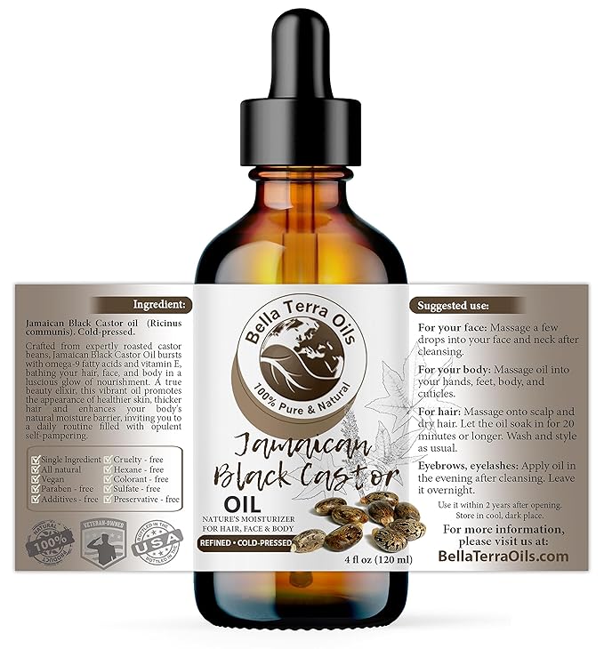 Bella Terra Oils - Black Castor Oil for Face 4oz - A Treasure of Vitamins & Ricinoleic Acid, For Radiant Skin Complexion