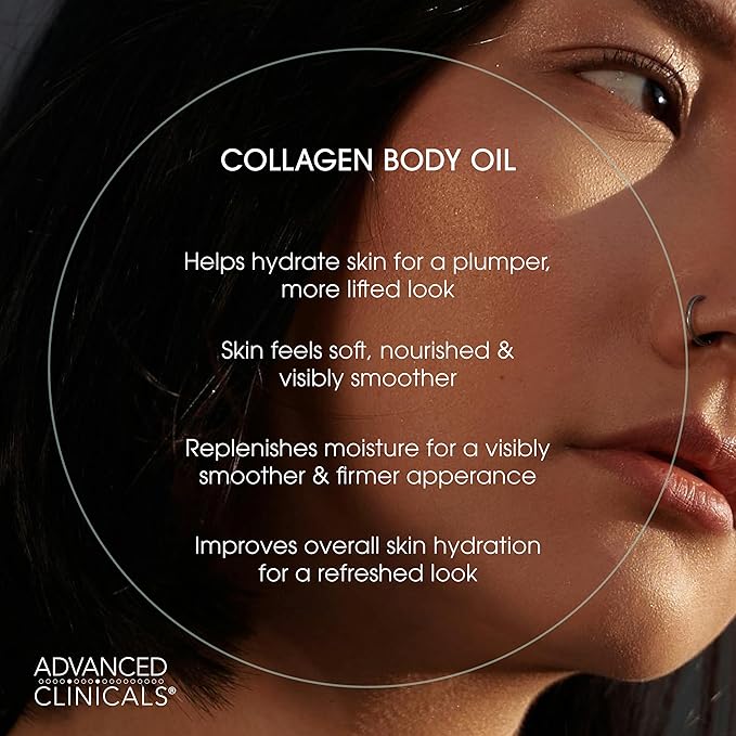 Advanced Clinicals Firming Collagen Body Oil Skin Care Moisturizer | Massage Body Oil | Tighten, Firm, & Hydrate Collagen Oil For Scars, Wrinkles, Crepey Skin, & Stretch Marks, 3.8 Fl Oz