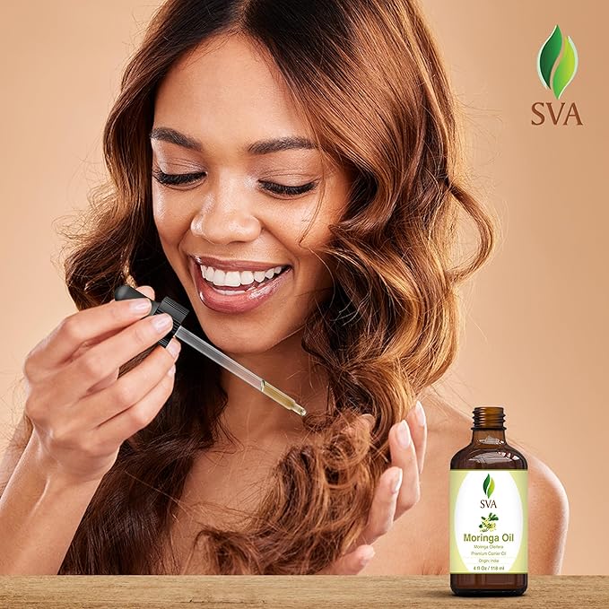 SVA Moringa Seed Oil - 4 Fl Oz – 100% Natural Cold Pressed Moringa Oil - for Face, Skin Care, Hair Care, Scalp Massage & Body Massage – Carrier Oil with Dropper