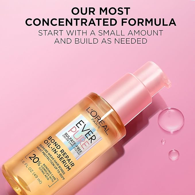 L'Oreal Paris Bond Repair Oil-in-Serum for Damaged, Color Treated Hair, Heat Protectant, Strengthens Weak Bonds, Intense Shine and Frizz Control, EverPure, 1.6 Fl Oz