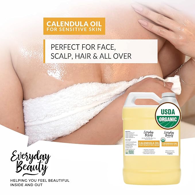 Organic Calendula Oil For Sensitive Skin -Bulk 1 Gallon- USDA Organic Certified 100% All Natural Plant Based, Lightweight & Unscented Gentle Soothing Oil For Sensitive Skin - For Face, Skin & All Over
