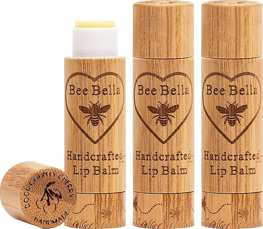 Bee Bella Lip Balm, Cherry, 3 Pack - Moisturizing Lip Care, 100% Natural, Original Organic Beeswax with Vitamin E, Handmade in USA, Gift Item