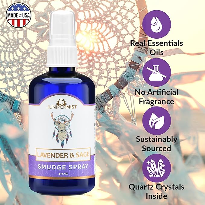 Sage Smudge Spray with Lavender (4 Fl Oz) - for Cleansing Negative Energy - Sage Spray Alternative to Smudge Sticks - Sustainably Made in USA with Pure Essential Oils and Real Crystals