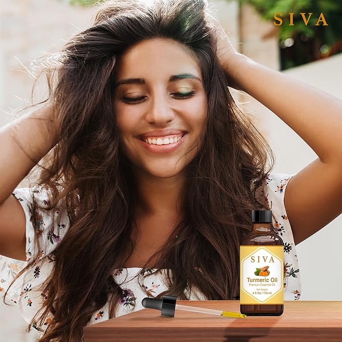 SIVA Turmeric Essential Oil - 4 Fl Oz – Natural Turmeric Oil - for Diffuser, Face, Skin Care, Aromatherapy, Hair Care, Scalp and Body Massage - with Dropper