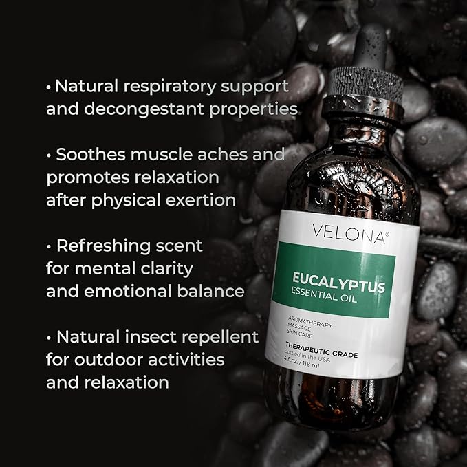 Eucalyptus Essential Oil by Velona - 4 oz | Therapeutic Grade 100% Pure and Natural | for Aromatherapy Diffuser, Massage, Skincare, Haircare, Soapmaking | Undiluted and Multipurpose in Glass Bottle