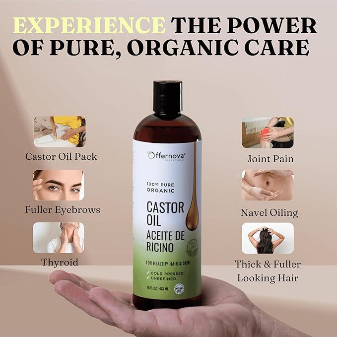 Castor Oil 16 OZ- Aceite de Ricino - Cold Pressed 100% Pure, Certified Organic, Hexane Free for Eyelashes, Eyebrows, Frizzy, Hair Growth Women and Men, Beard Growth