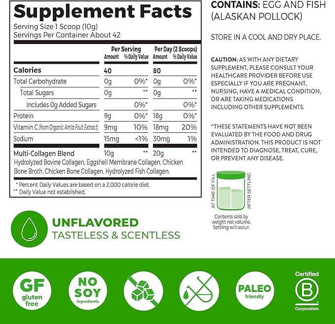 Orgain Hydrolyzed Multi Collagen Powder for Women & Men, 20g Collagen, Supports Hair, Skin, Nail & Joint Health, Type I, II, III, V, X, Vitamin C & Amino Acids, Non-GMO, Unflavored (21 Servings) 15oz