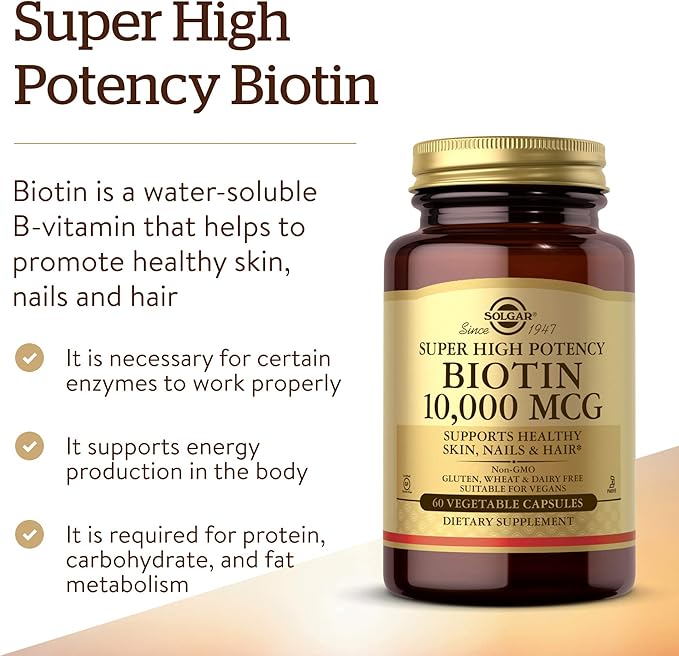 Solgar Biotin 10,000 mcg, 60 Vegetable Capsules - Energy, Metabolism, Promotes Healthy Skin, Nails & Hair - Super High Potency - Non-GMO, Vegan, Gluten Free, Dairy Free, Kosher - 60 Servings