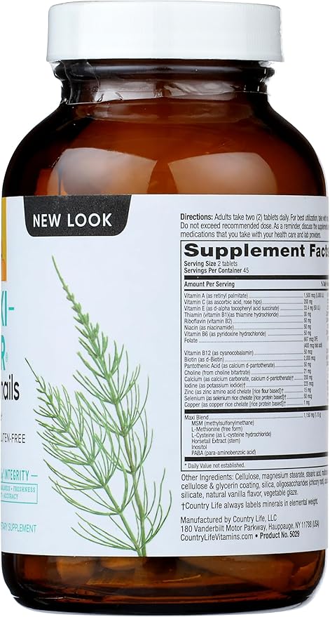 Country Life Maxi-Hair Supplement - 2000mcg Biotin & Vitamins for Hair, Skin & Nails - Certified Gluten-Free & Vegetarian - Supports Hair Growth, 90 Tablets