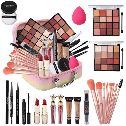 All in One Makeup Kit for Teen Girls - 2X16 Colors Eyeshadow, Liquid Foundation, Eyeliner Pencils, Contouring Stick, Lip Gloss, Eyebrow Pencils & 8pcs Makeup Brushes (Rainbow)