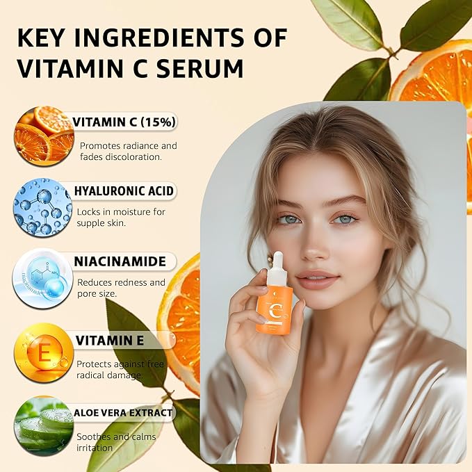 Vitamin C 15% Brightening Serum – Anti-Aging Treatment with Niacinamide, Vitamin E, and Hyaluronic Acid for Dark Spots, Fine Lines, and Skin Repair. Hydrating Serum for Radiant Skin