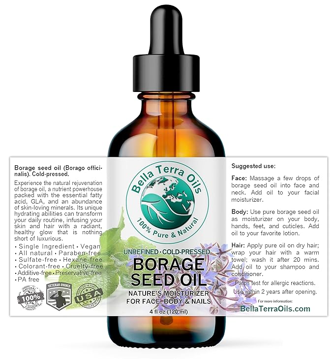 Bella Terra Oils - Organic Borage Seed Oil 4 oz - Rich in GLA, Pure & Untouched, Abundant in Omega-6 Fatty Acids, Elevate Skin's Natural Radiance & Softness