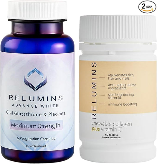 Advanced White Glutathione Placenta and Collagen Stack - 60 Capsules of Gluta Placenta with 60 Peach-Flavored Collagen Supplement Tablets