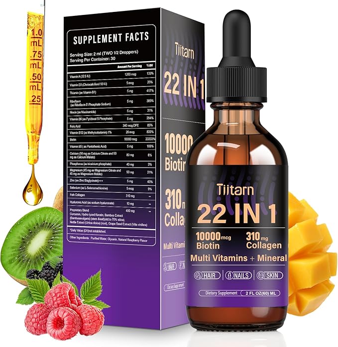 Liquid Collagen, Biotin & Hyaluronic Acid – Hair Growth Vitamins and Mineral Supplements for Women and Men Supports Hair, Skin & Nails | Vitamin B Complex-60ML