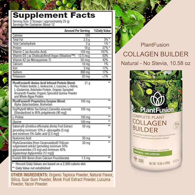 PlantFusion Vegan Collagen Powder - Plant Based Collagen Protein Powder For Muscle & Joints, Hair, Skin & Nails - Keto, Gluten Free, Soy Free, Non-Dairy, No Sugar, Non-GMO - Unflavored 10.58 oz