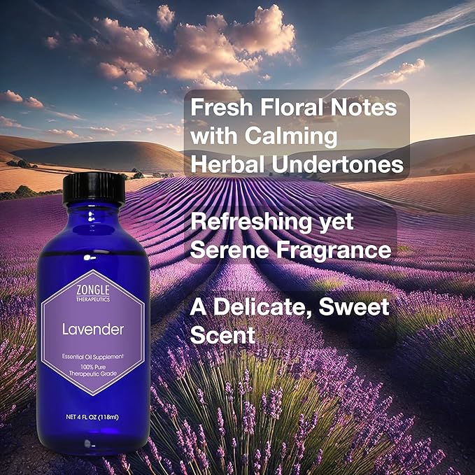 Lavender Essential Oil, Food Grade, for Drinks, Skin, Hair – 100% Pure, Lavender Oil, by Zongle Therapeutics, 4 OZ