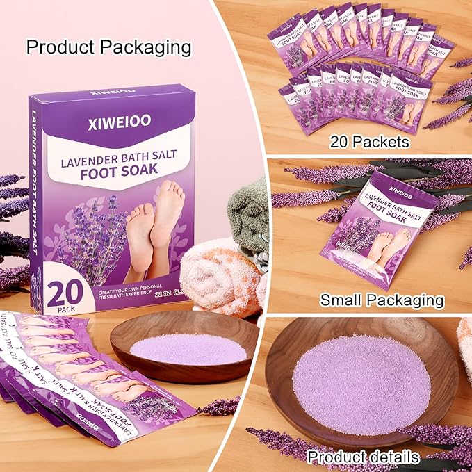 Foot Soak Salts with Epsom Salt for Soaking Lavender Pedicure kit Foot Bath- 20 Pack Bath sea Salts pedicure foot spa soak Products kit 21 oz Tea Tree Oil feet soak Athletes Callus Remover XIWEIOO