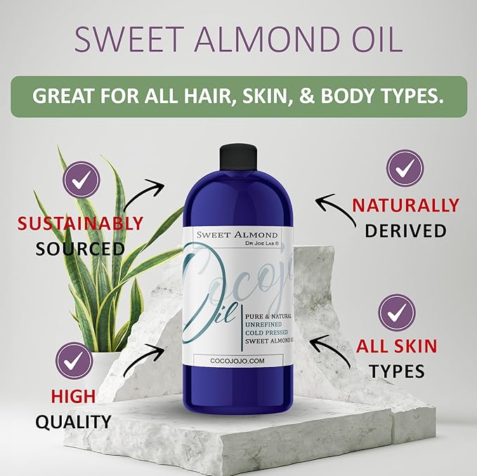 Dr Joe Lab Sweet Almond Oil for Hair, Sweet Almond Oil for Skin, Body, Nails, Pure Natural Cold Pressed Unrefined Extra Virgin Moisturizes & Nourishes - 32 Fl Oz - Packaging May Vary