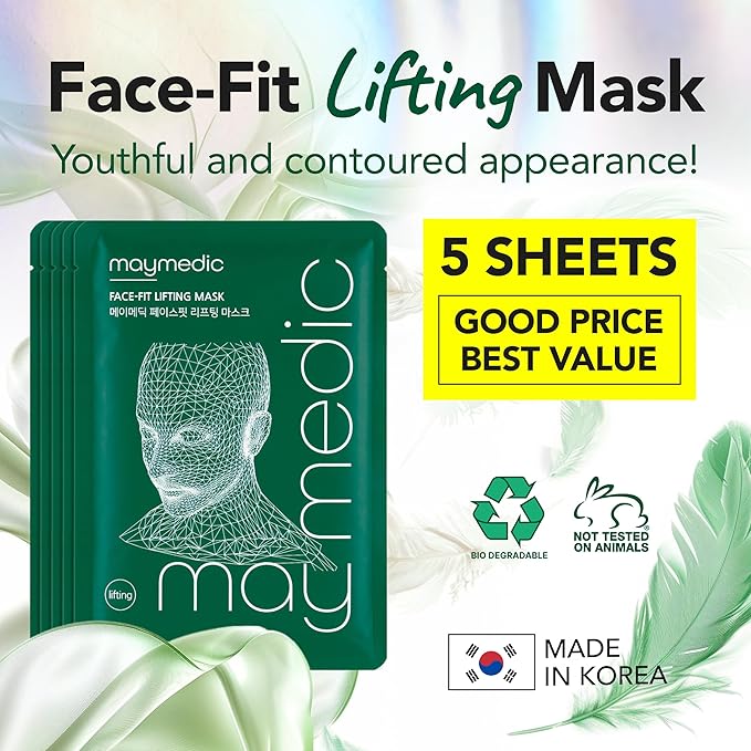 Face-Fit Lifting Mask, Green – Contour Enhancing & Hydrating Sheet Mask with Collagen, Hyaluronic Acid, Panthenol, and Allantoin for Firming & Soothing Sensitive Skin (5 Count)