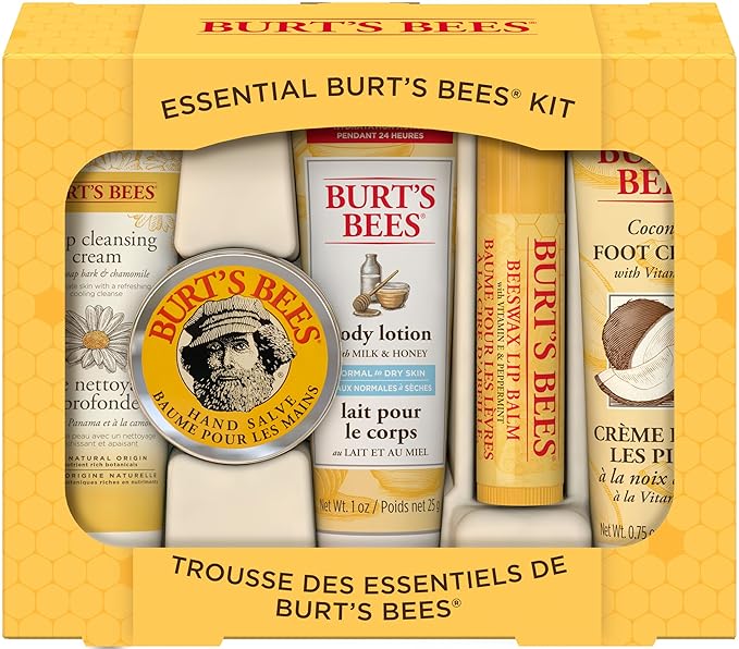 Burt's Bees Mothers Day Gifts Essential Beauty Set, 5 Travel Size - Deep Cleansing Cream, Hand Salve, Body Lotion, Foot Cream and Lip Balm, with 4 Flavored Lip Balms