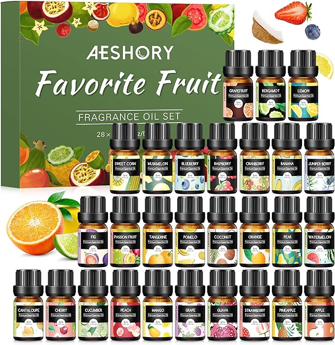 Fruity Essential Oils Set - Top 28 Fruit Fragrance Oil for Candle Making, Diffusers - Strawberry, Apple, Pineapple, Cucumber Melon, Cherry, Mango, Lemon, and Orange Scented Aromatherapy Oils