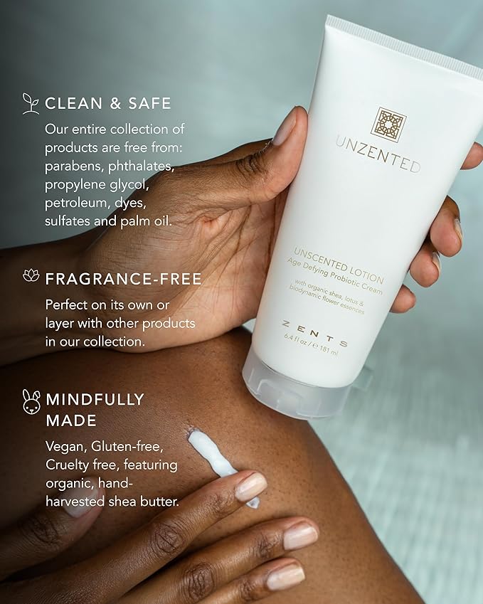 Zents Age-Defying Probiotic Body & Hand Lotion (Fragrance-Free) | Moisturizing Lotion with Hyaluronic Acid & Organic Shea Butter | Nourishes & Hydrates Skin | 6.4 fl oz
