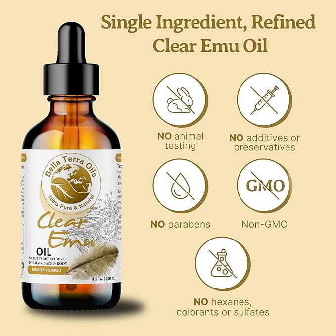 Bella Terra Oils - Clear Emu Oil 4oz - Inspired by Nature's Perfection, High in Omega-3 & Omega-6 Acids, Skin's Best Companion for Moisturization