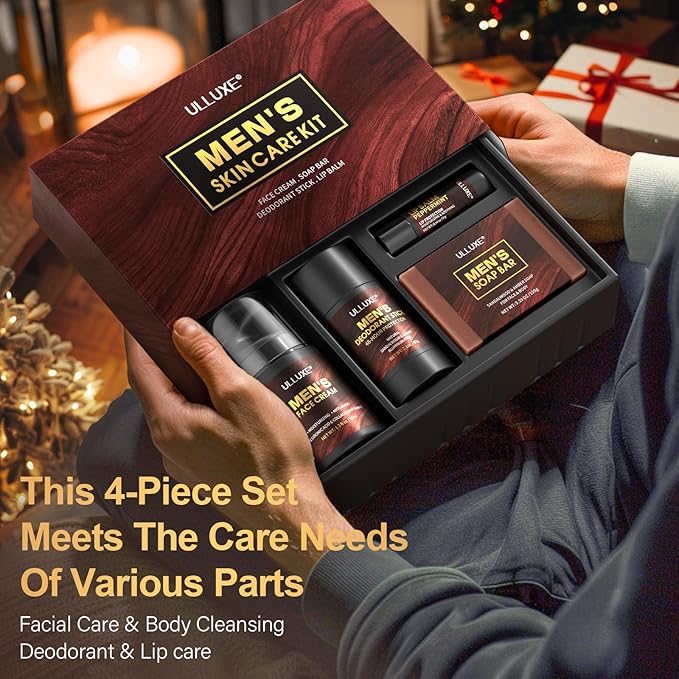 Skin Care Kit for Men, Fathers Day Gifts, Birthday Gift for Husband, Dad, Mens Skincare Set with Face Cream, Lip Balm, Deodorant Stick & Bath Soap, Facial Skincare, Lip Care & Body Care for Him
