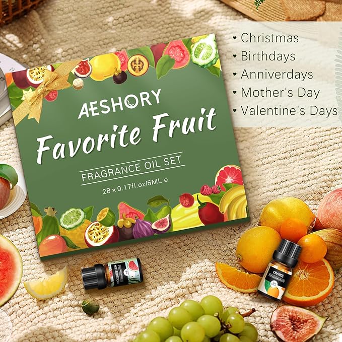 Fruity Essential Oils Set - Top 28 Fruit Fragrance Oil for Candle Making, Diffusers - Strawberry, Apple, Pineapple, Cucumber Melon, Cherry, Mango, Lemon, and Orange Scented Aromatherapy Oils