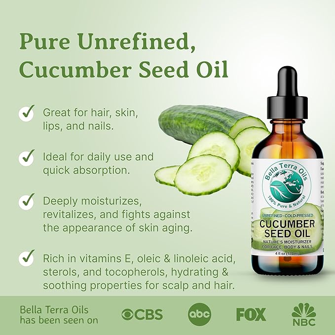 Bella Terra Oils - Cucumber Seed Oil 8 oz - Dive into Cucumber's Nutritional Treasure, Infused with Vitamins & Omega-3, Seamless Addition to Skin Care Arsenal
