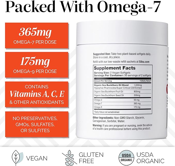 sibu Omega-7 Softgels, Premium Organic Himalayan Sea Buckthorn Oil (180ct, 90 Day Supply) – Supplement for Healthy Skin, Hair, Nails and Dryness