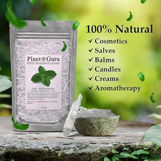 Menthol Crystals 4 oz. Mentha Arvensis 100% Pure Natural USP Food Grade - Great for Cosmetics, Salves, Balms, Creams and Soap Making.